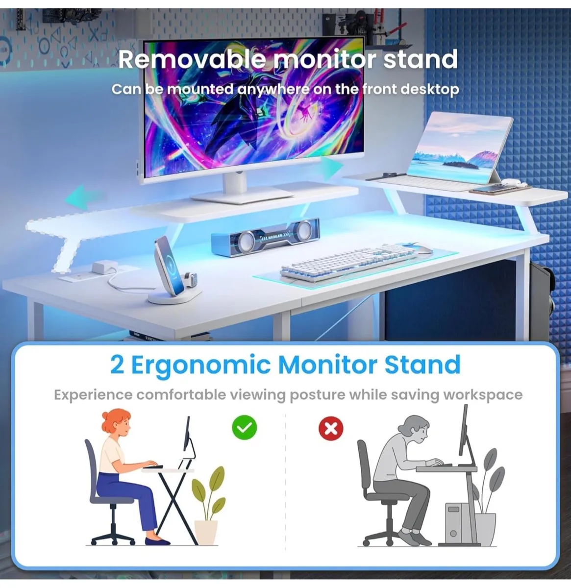 Gaming Desk with LED Lights & Power Outlets, Rever - Image 4