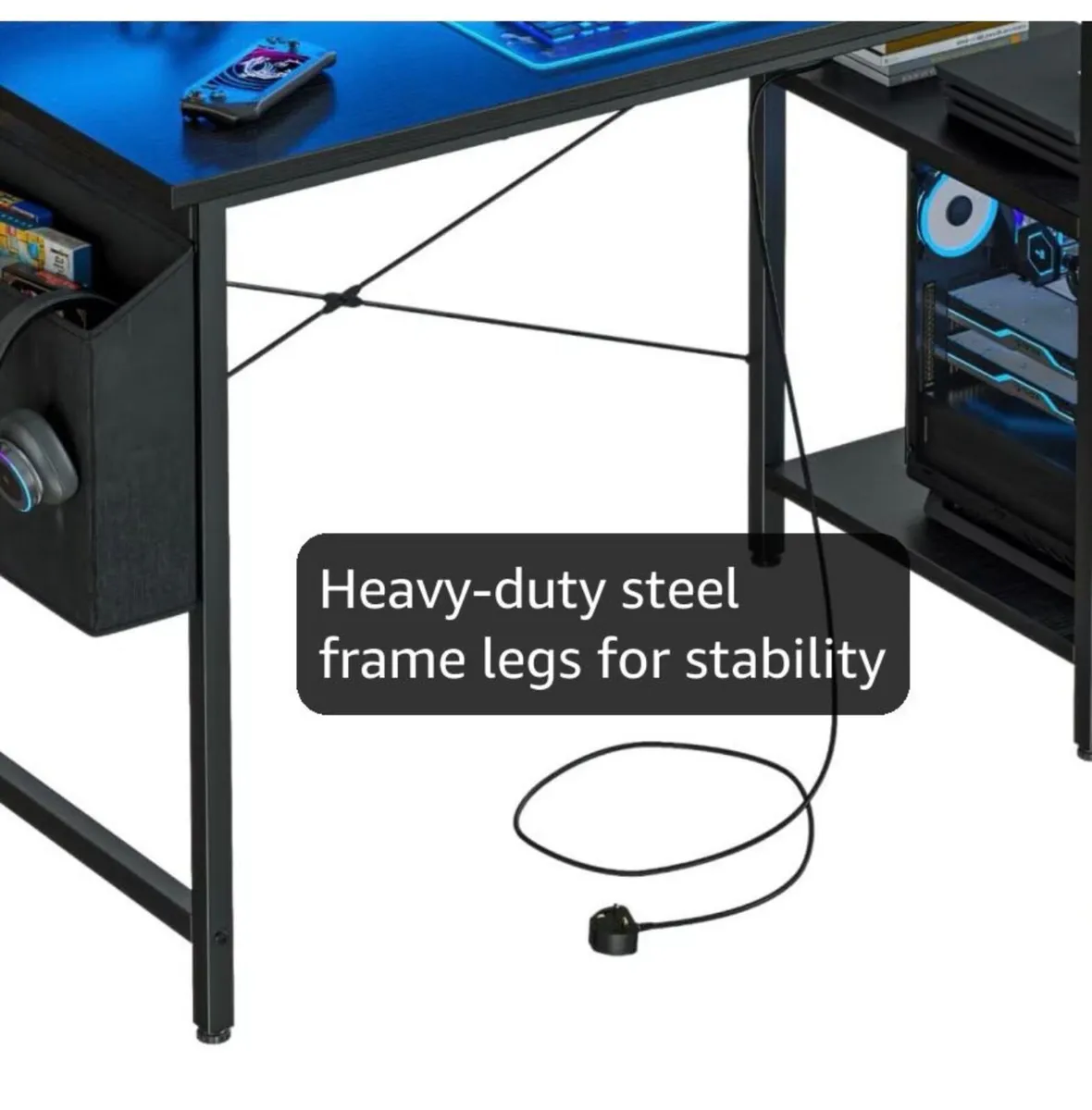 Gaming Desk with LED Lights & Power Outlets, Rever - Image 2