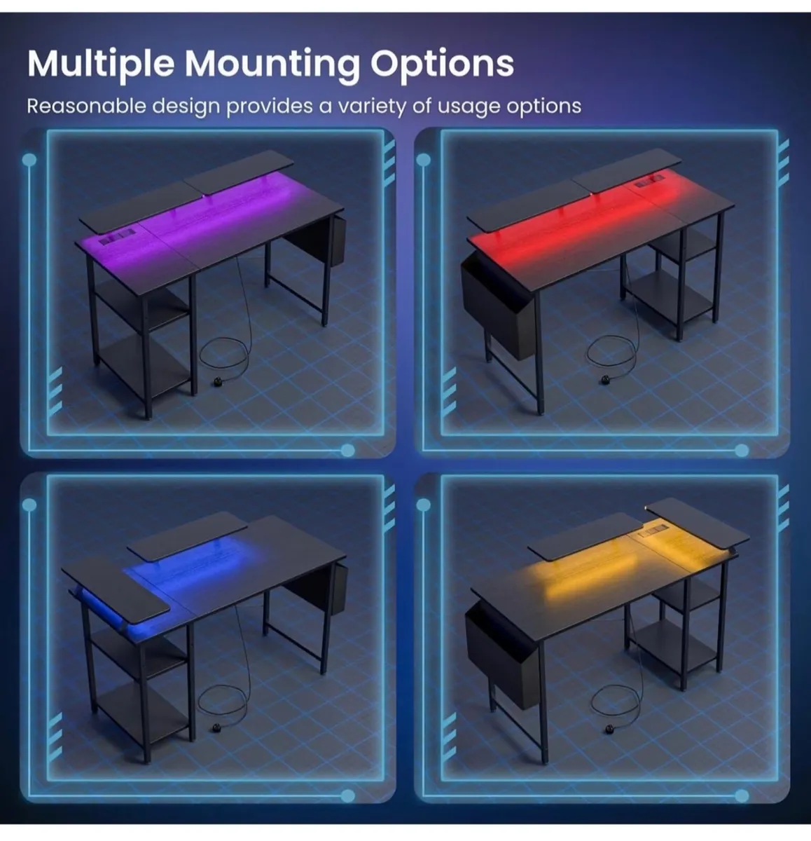 Gaming Desk with LED Lights & Power Outlets, Rever - Image 3