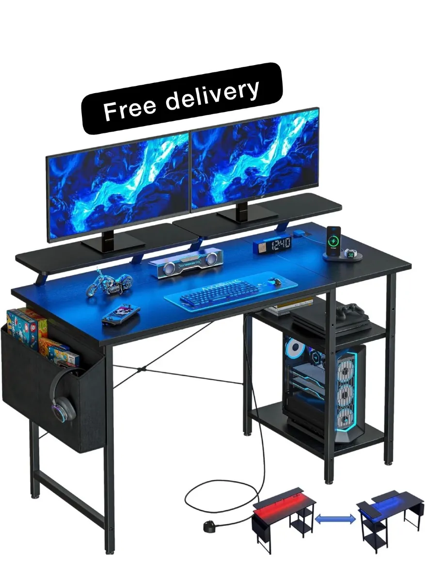 Gaming Desk with LED Lights & Power Outlets, Rever - Image 1