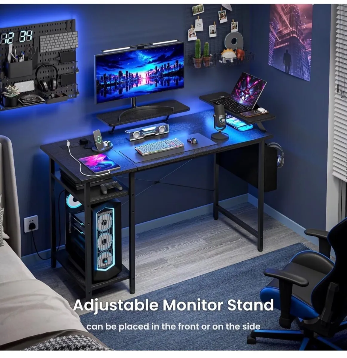 Gaming Desk with LED Lights & Power Outlets, Rever - Image 1