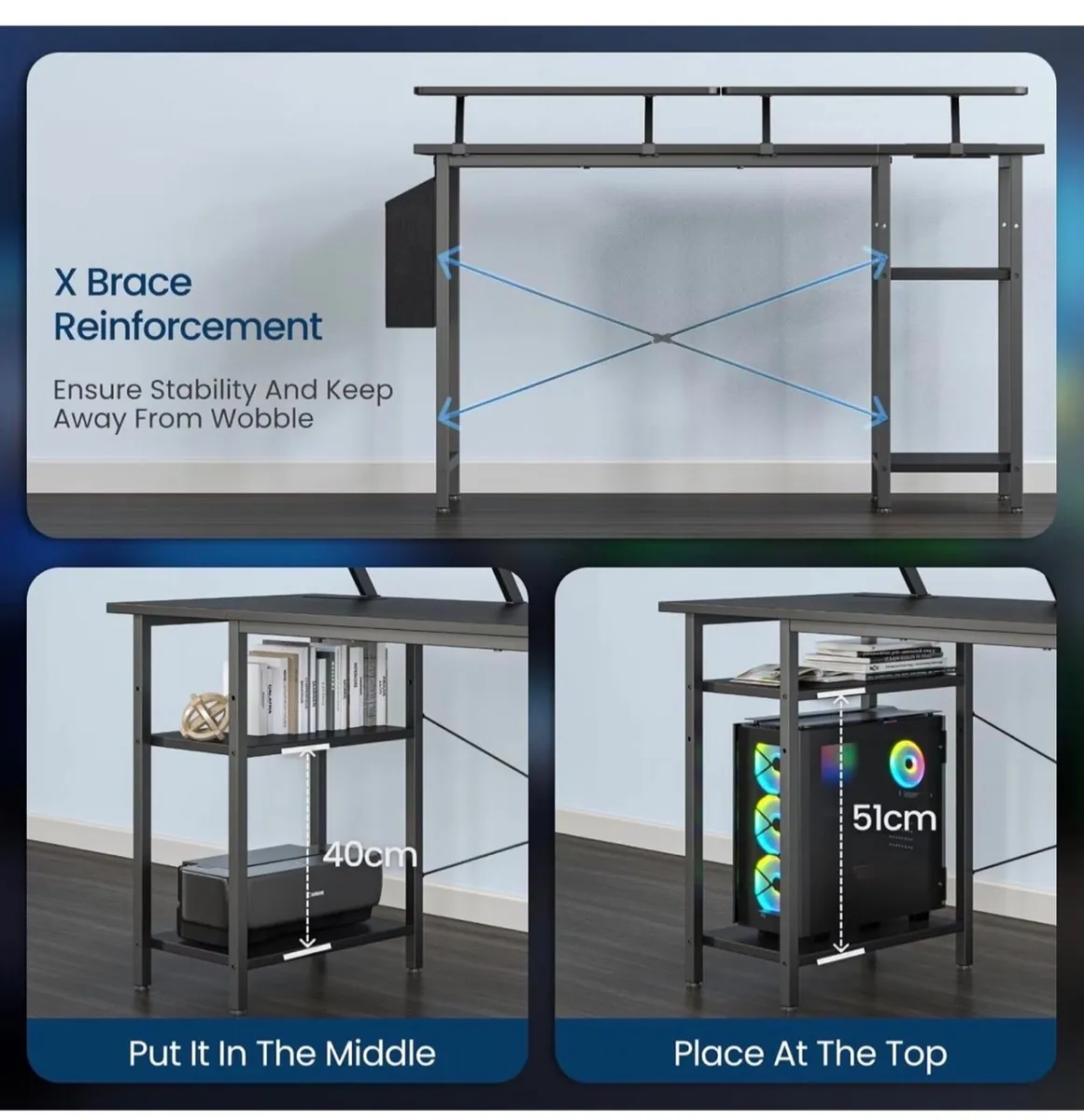 Gaming Desk with LED Lights & Power Outlets, Rever - Image 4