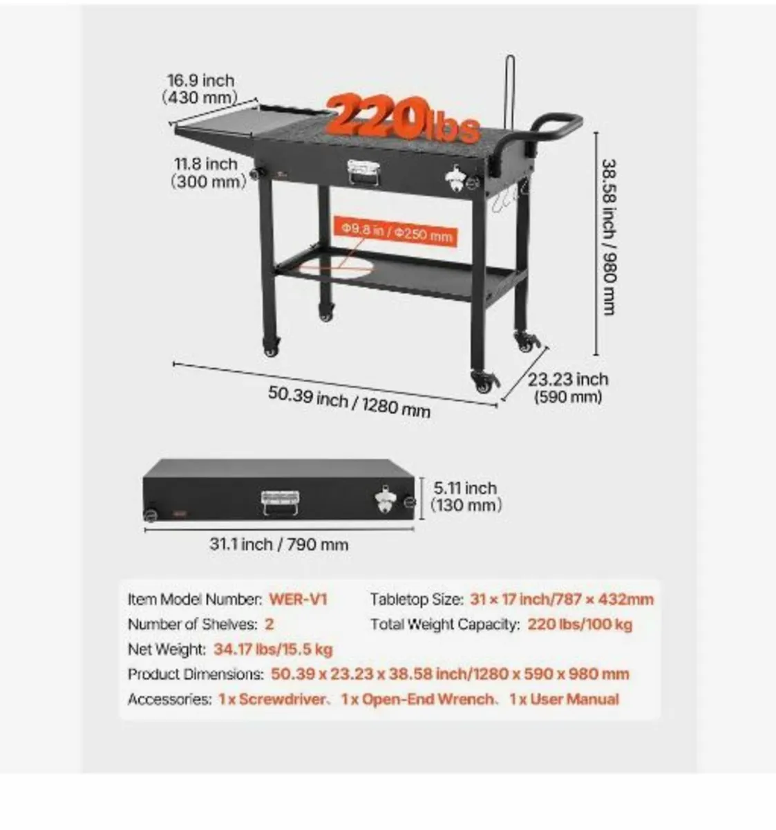 Outdoor Grill Cart, 787 x 432mm Tabletop Size - Image 2