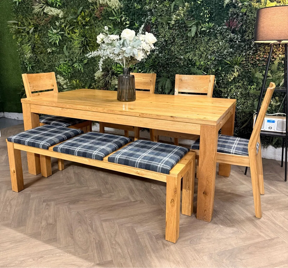 Solid oak kitchen table, 4 chairs & bench - Image 2