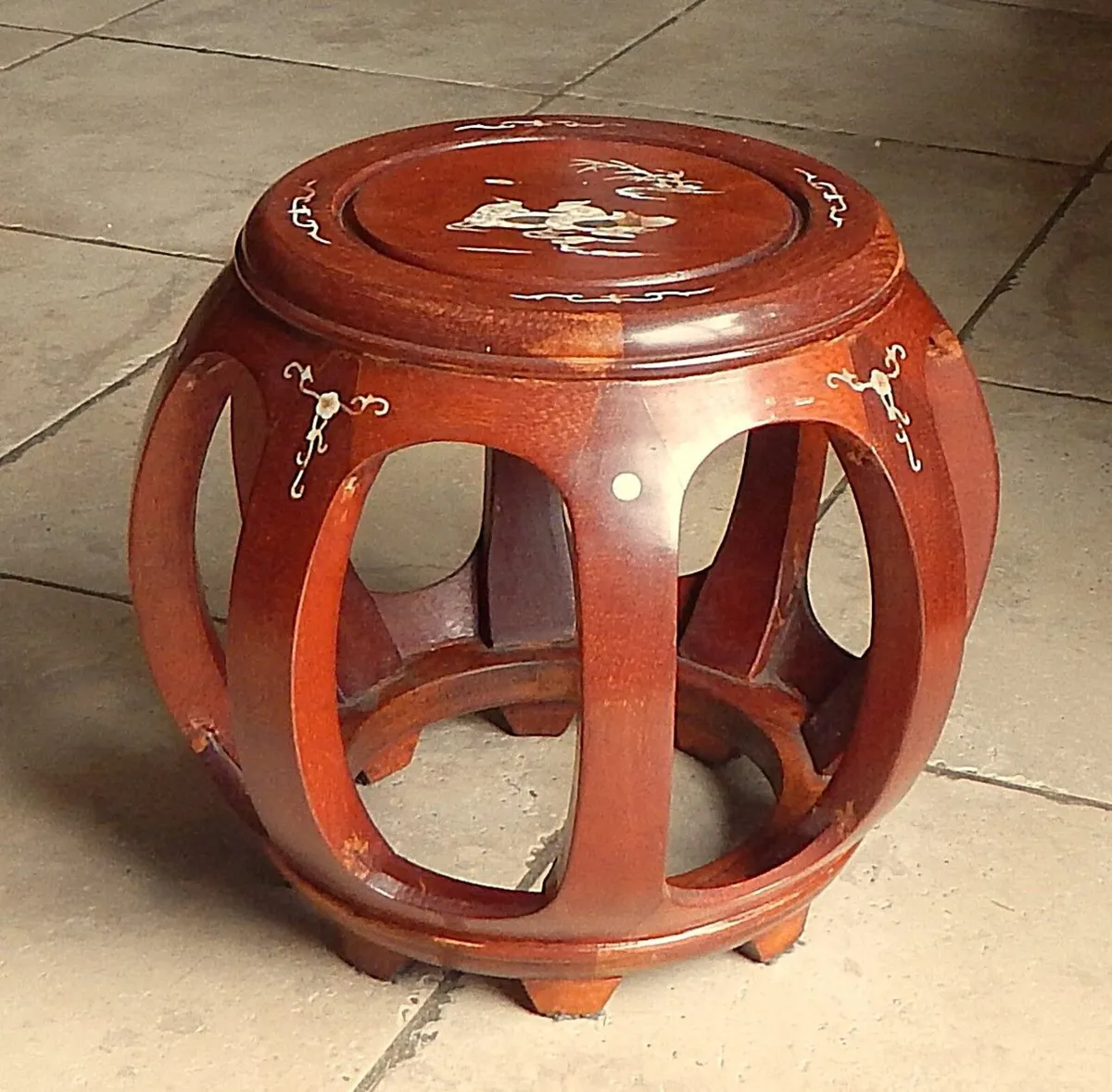 Mahogany Drum Stool with Mother of Pearl Inlay - Image 1