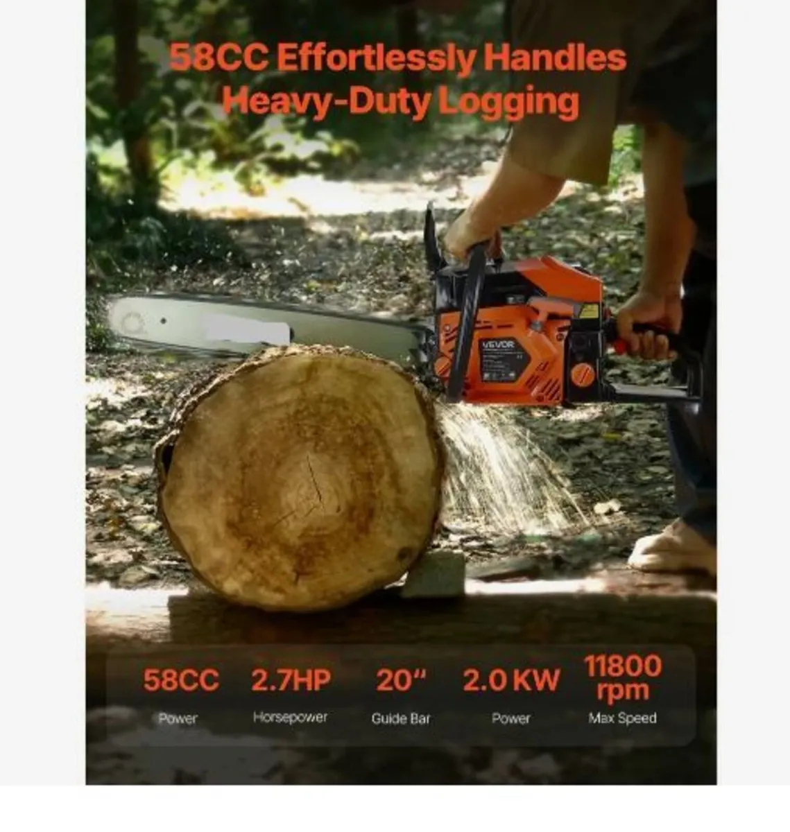 58 cc Gas Chainsaw, 20 inch Gas Powered - Image 2