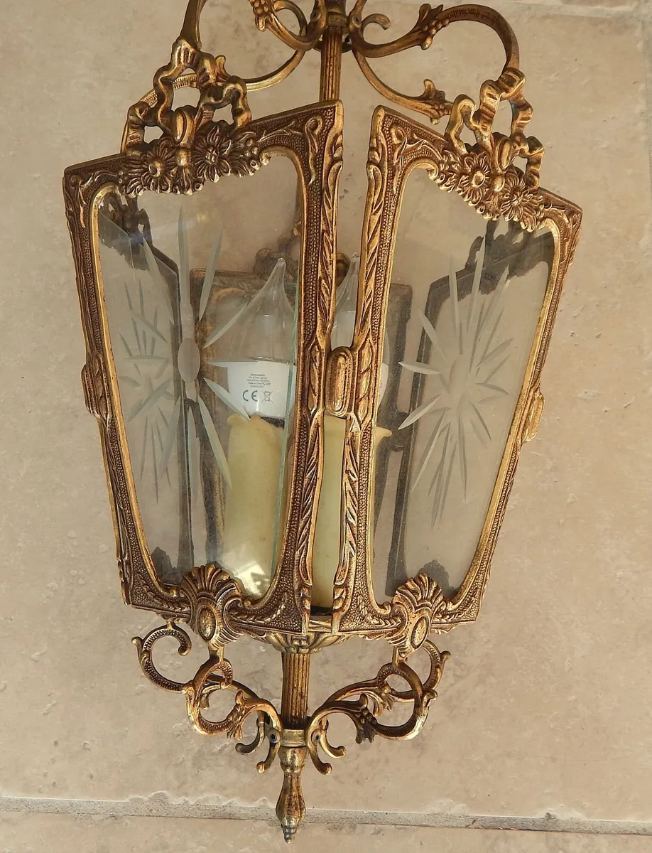 Vintage French Brass Triple Light Ceiling Lantern - Image 4