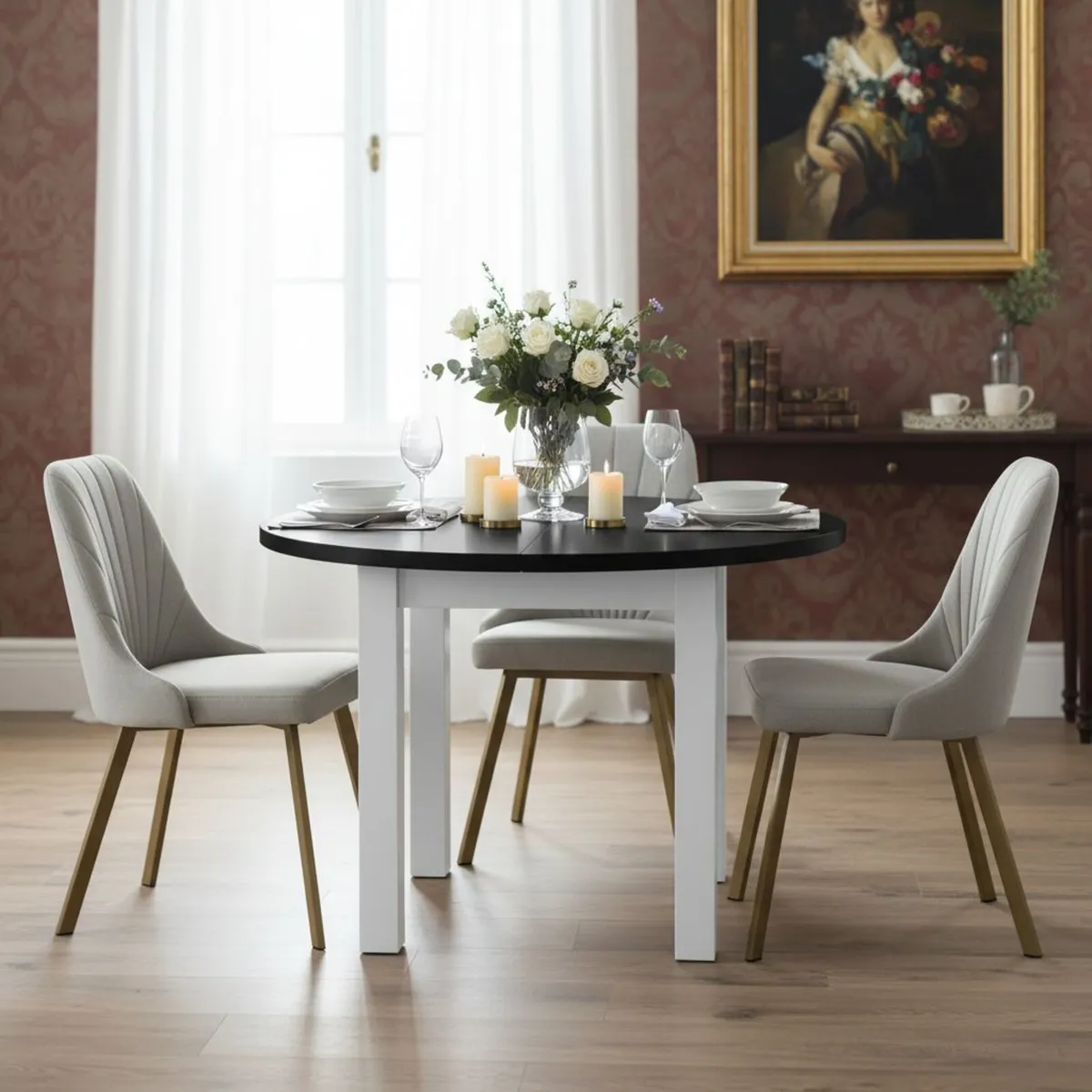 Nordic White & Black Round Extendable Dining Table - Image 2
