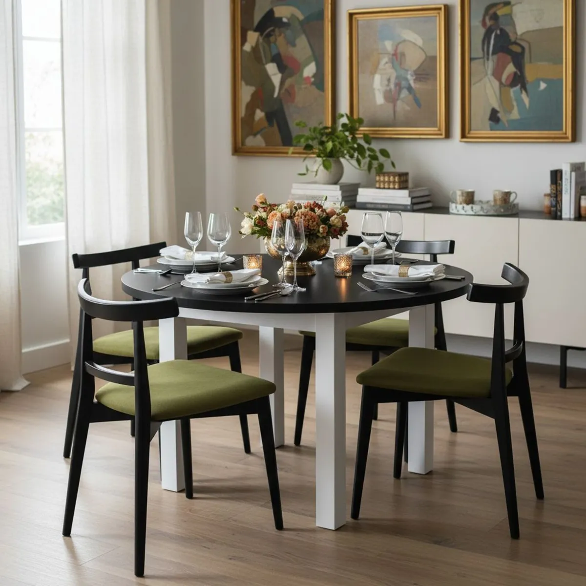 Nordic White & Black Round Extendable Dining Table - Image 3