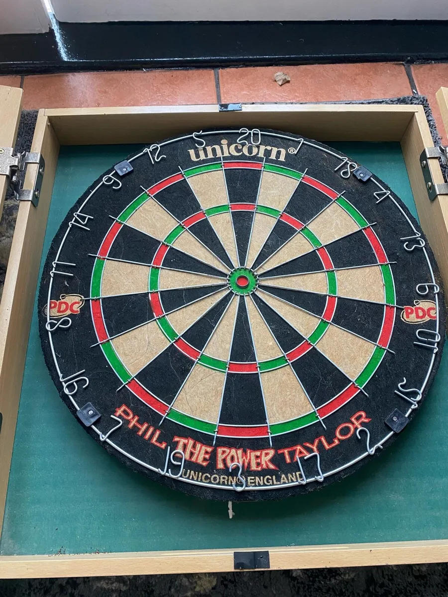 Phil Taylor Dart Board with Cabinet - Brand New - Image 2
