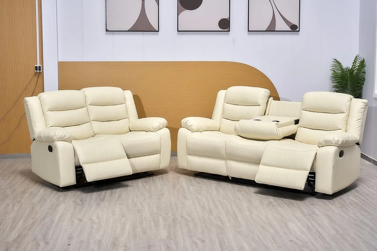 3+2 Cream & Brown Leather Manual Recliner Sofa - Image 1