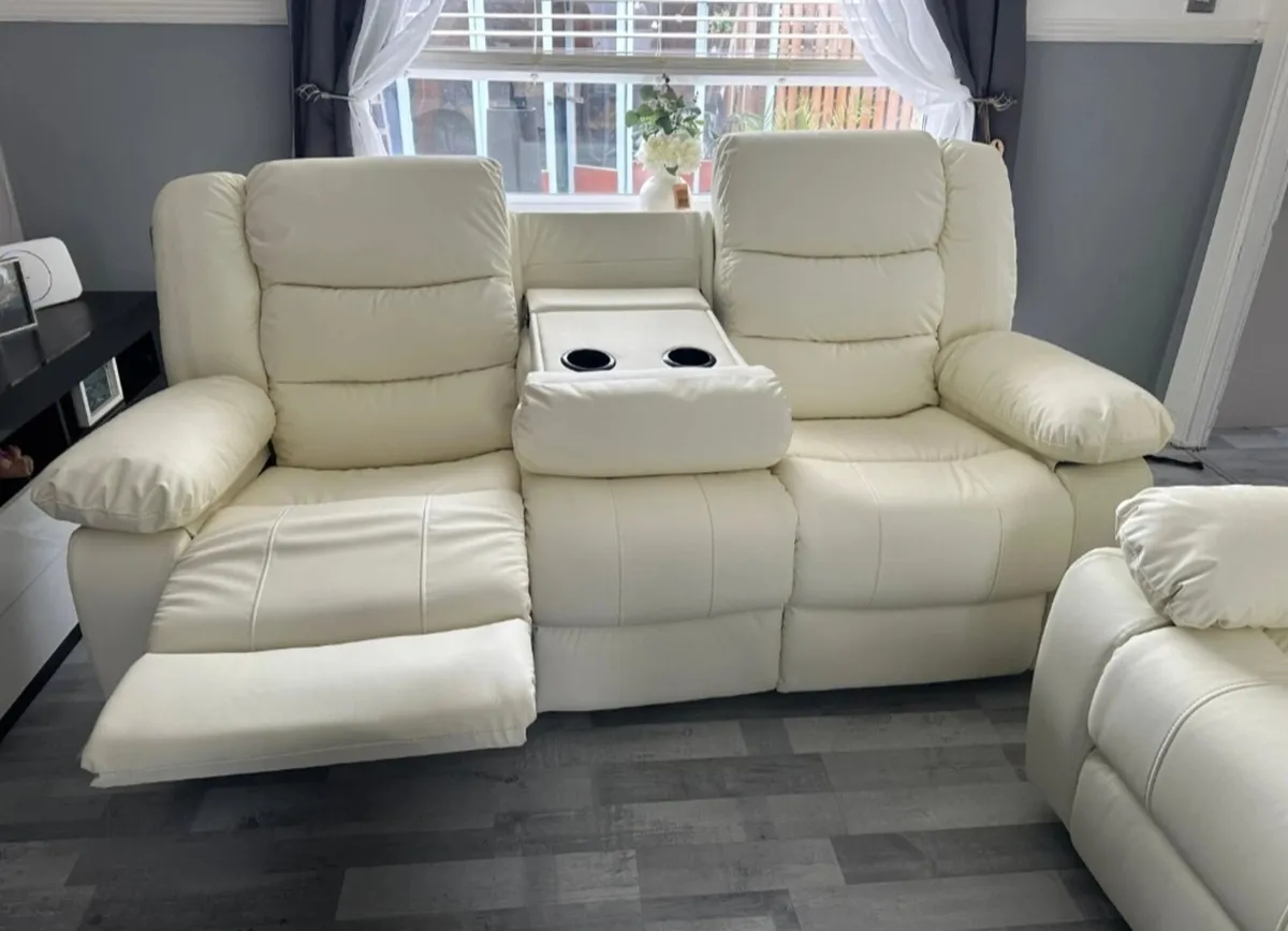 3+2 Cream & Brown Leather Manual Recliner Sofa - Image 3