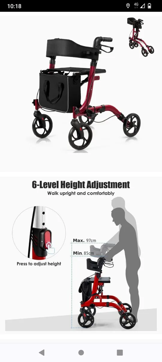 New Postage 2 in 1 red walker rollator with seat - Image 2
