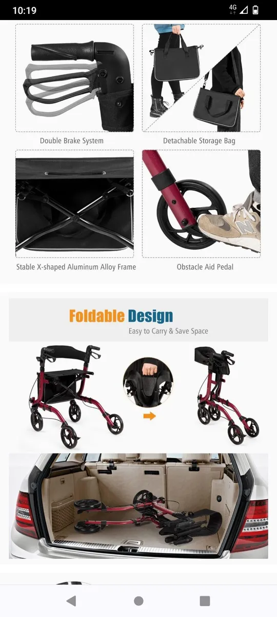 New Postage 2 in 1 red walker rollator with seat - Image 3