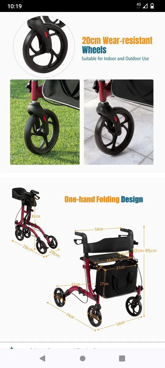 New Postage 2 in 1 red walker rollator with seat - Image 4