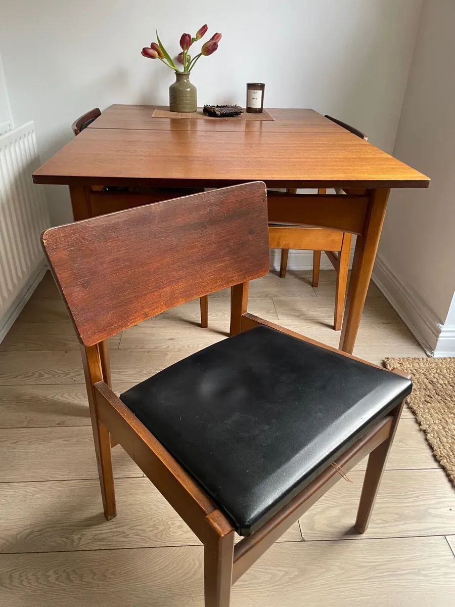 Mid century teak and black leather chairs - Image 1
