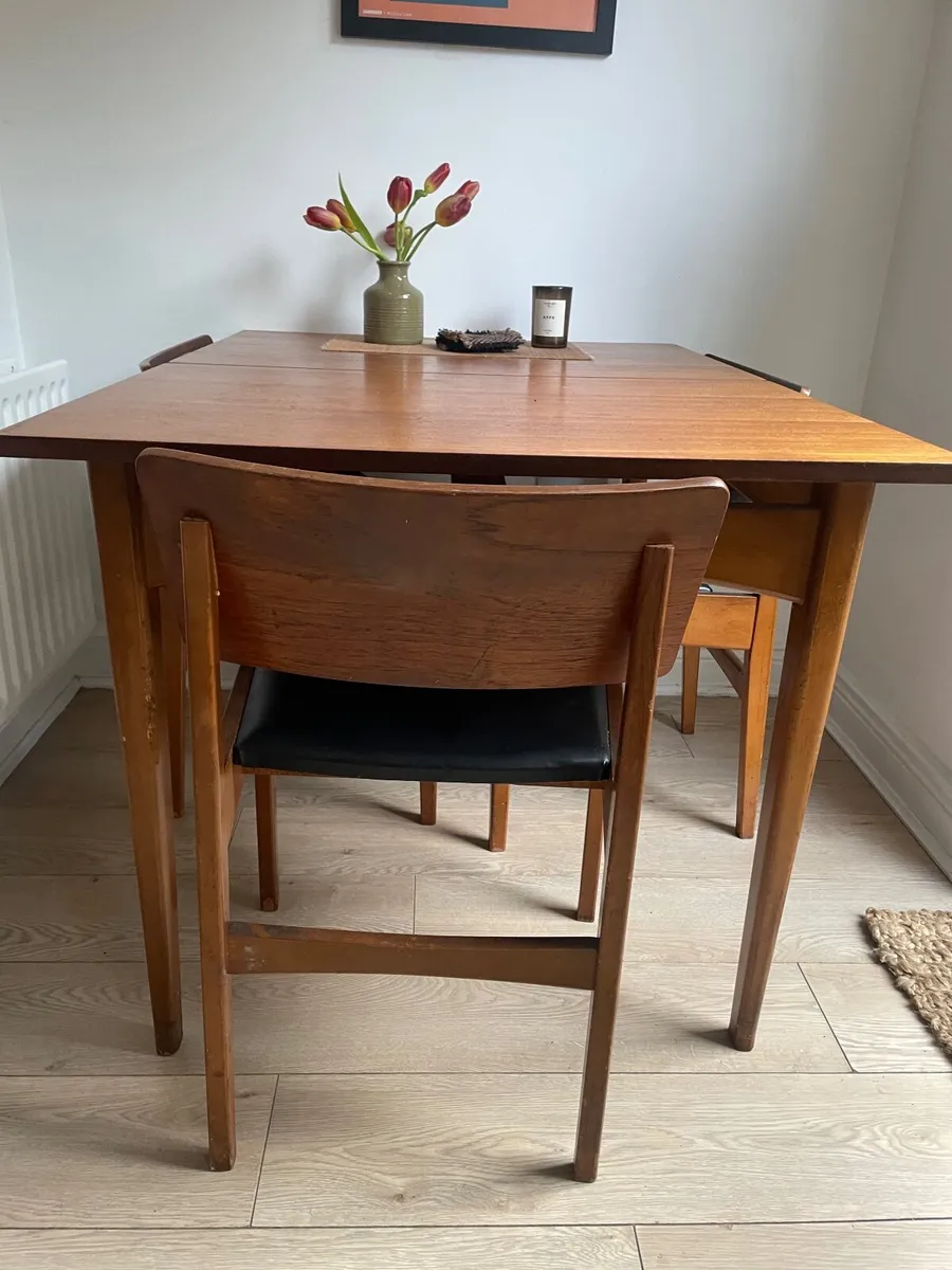 Mid century teak and black leather chairs - Image 2