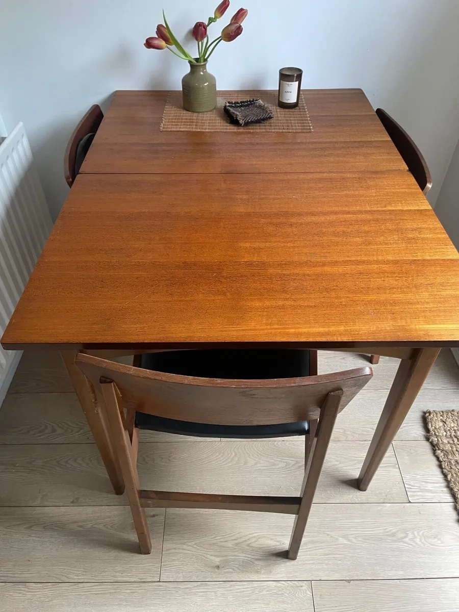 Mid century teak and black leather chairs - Image 3