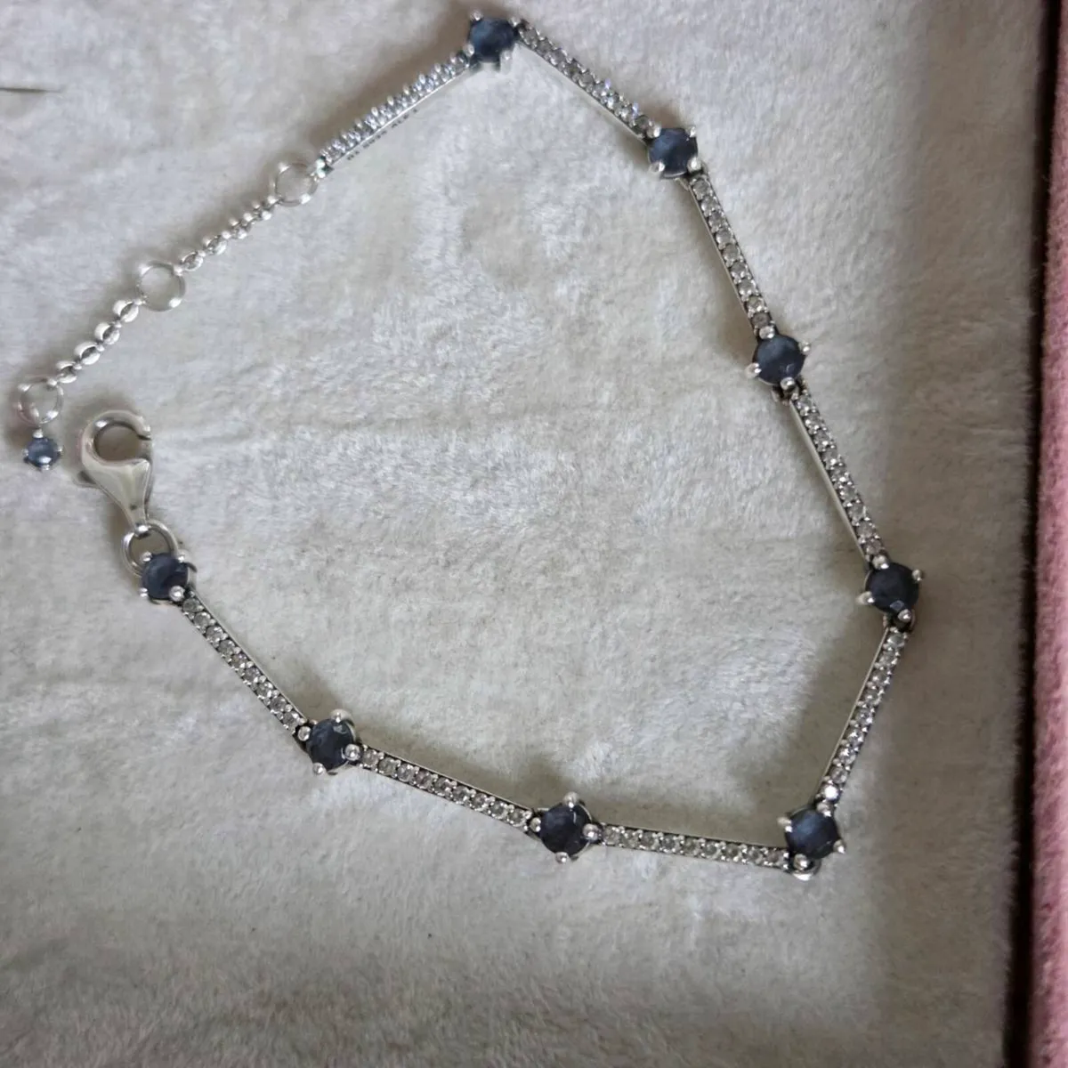 Pandora bracelet with sparkly bars and blue stones - Image 2