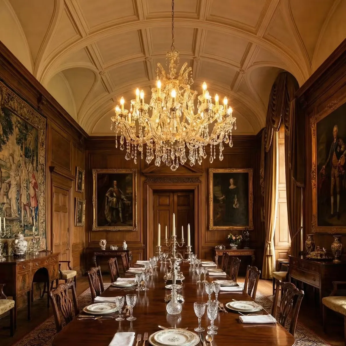 Large crystal chandelier.