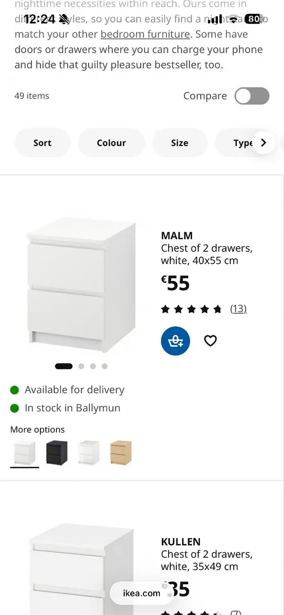 IKEA Malm white bedside table locker x2 w/glass to - Image 1