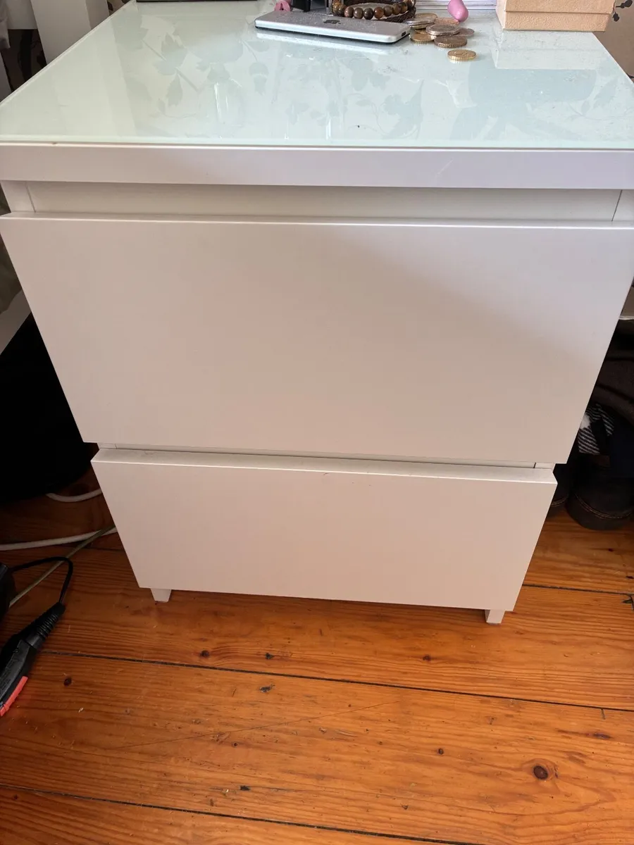 IKEA Malm white bedside table locker x2 w/glass to - Image 2