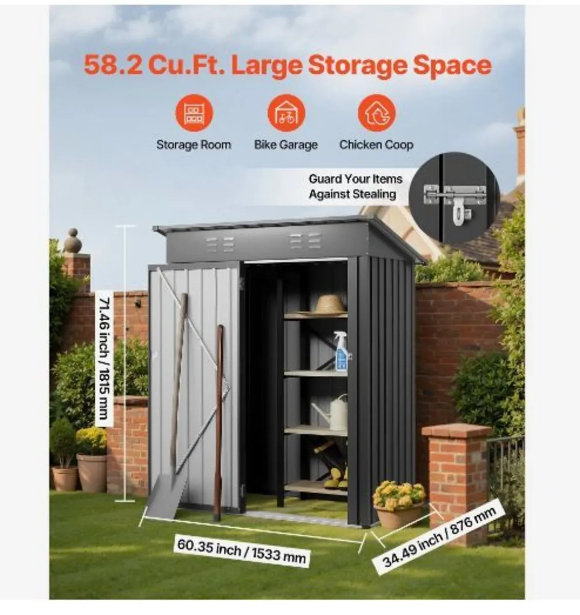 1533 x 876 x 1815 mm Metal Garden Shed - Image 2