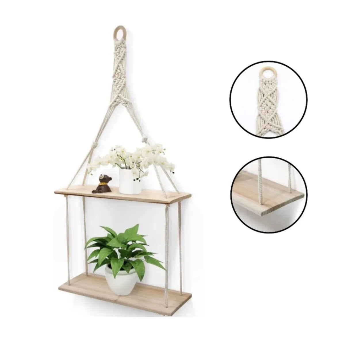 2 Tier Hanging Floating Rope Wooden Shelves NEW - Image 1