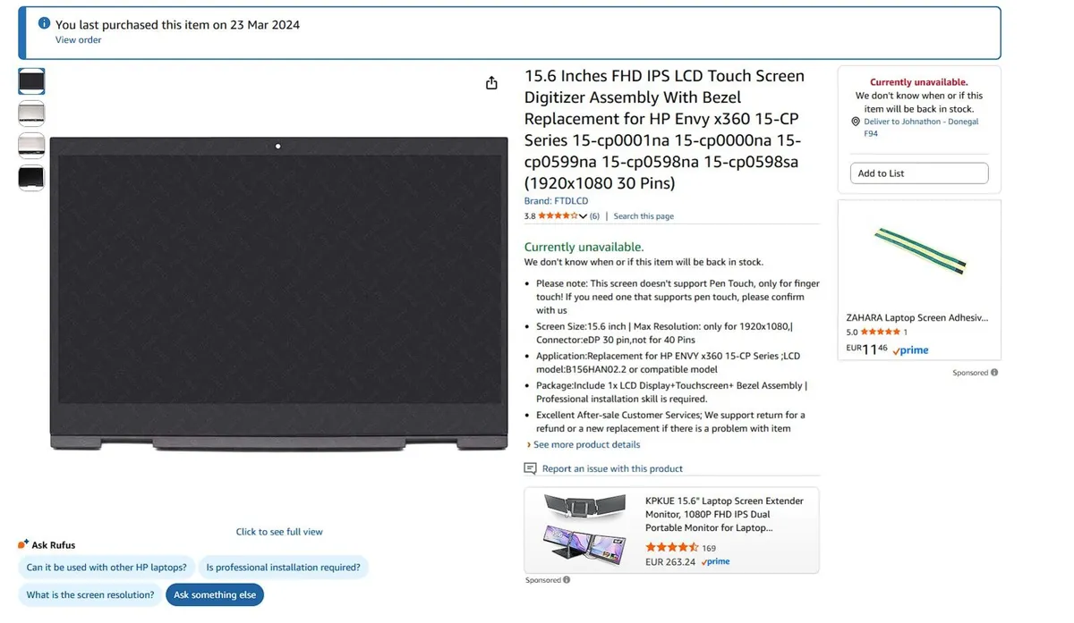 HP Envy x360 15-CP 15.6” FHD Touch Screen Assembly - Image 1