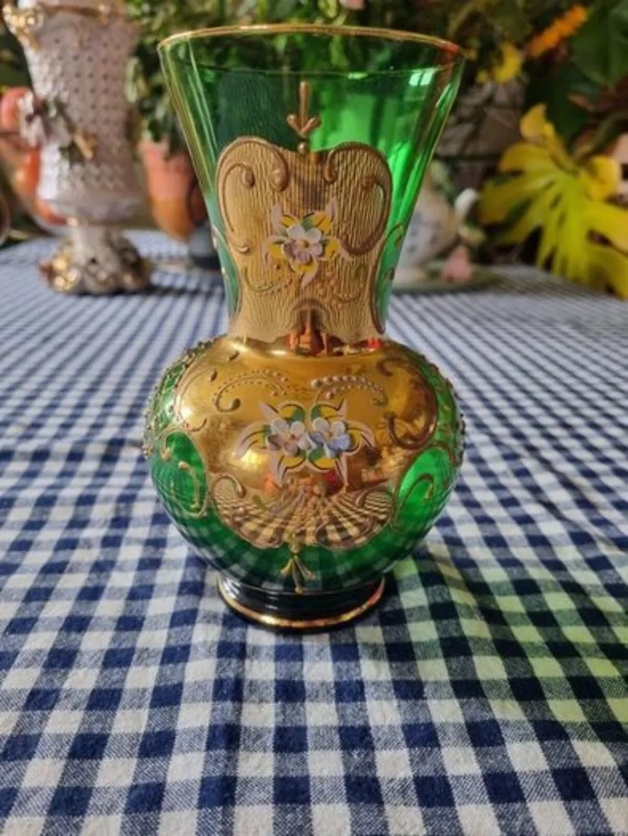 Vintage Bohemian Glass Czech Green Gold Vase - Image 1