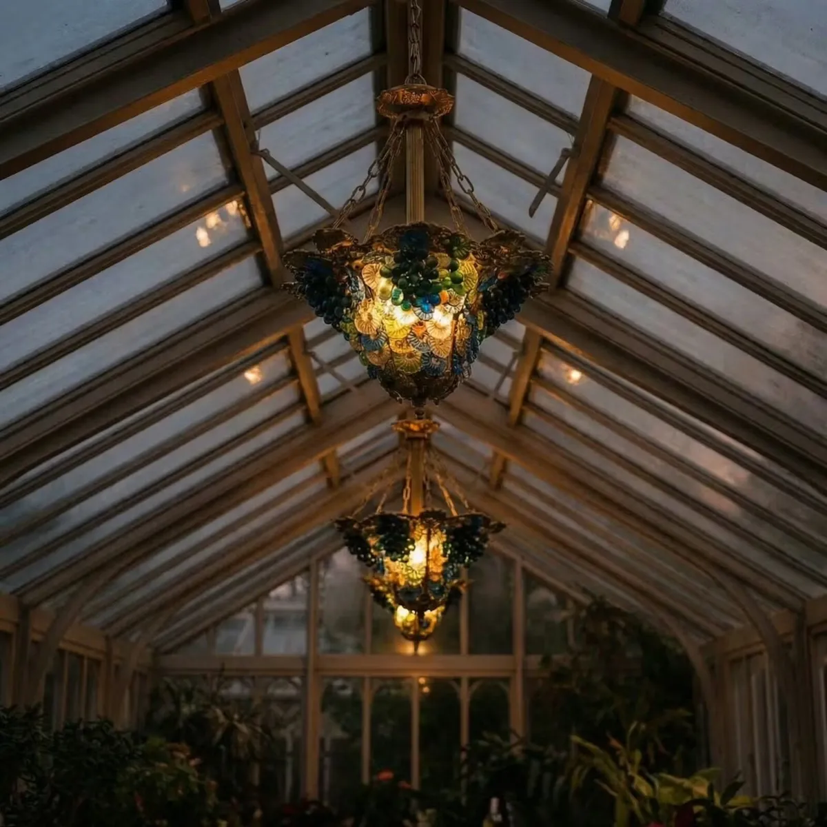 Old Brass and glass light with flowers and grapes - Image 2