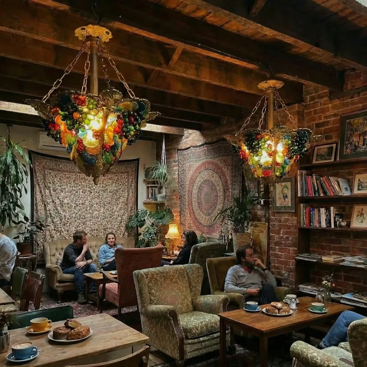 Old Brass and glass light with flowers and grapes - Image 3