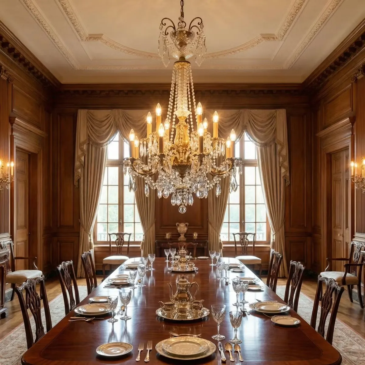 Large old heavy brass and glass chandelier