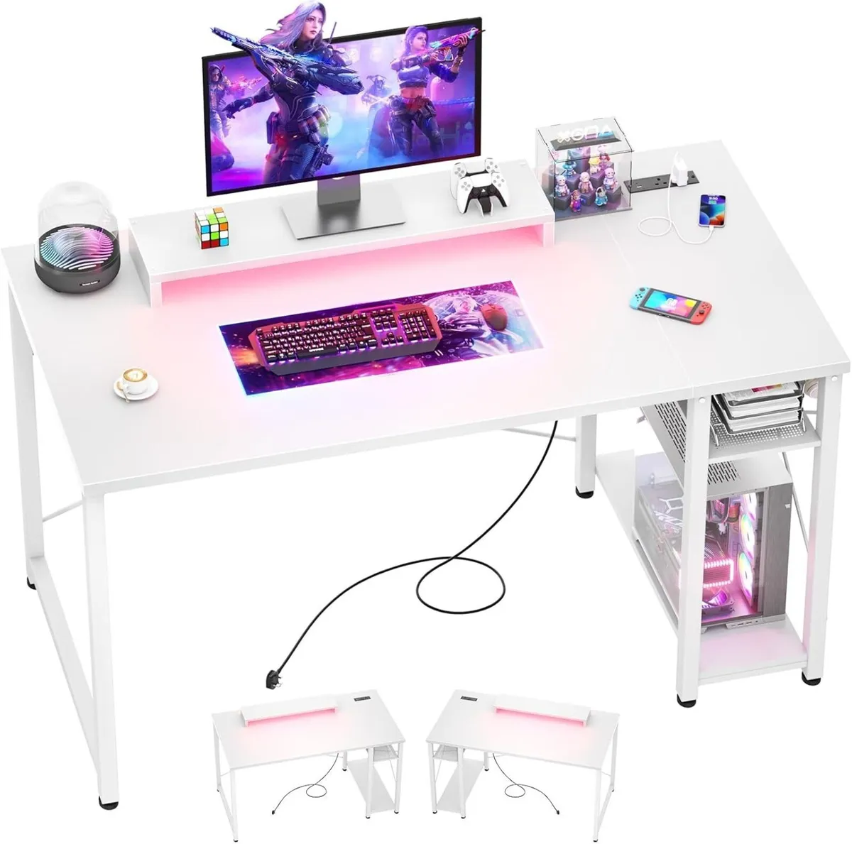 Gaming Desk with LED Lights Power Outlet Reversibl - Image 1