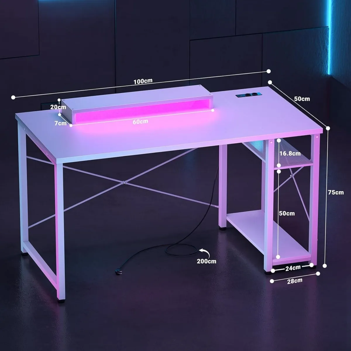 Gaming Desk with LED Lights Power Outlet Reversibl - Image 3