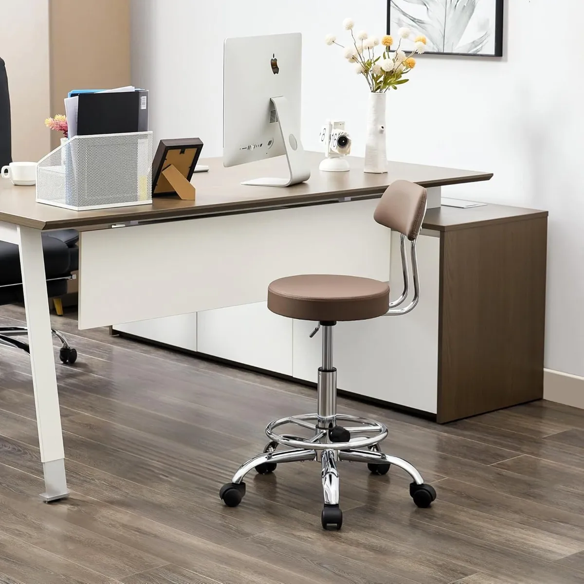 Adjustable Rolling Office Stool with Backrest and - Image 1