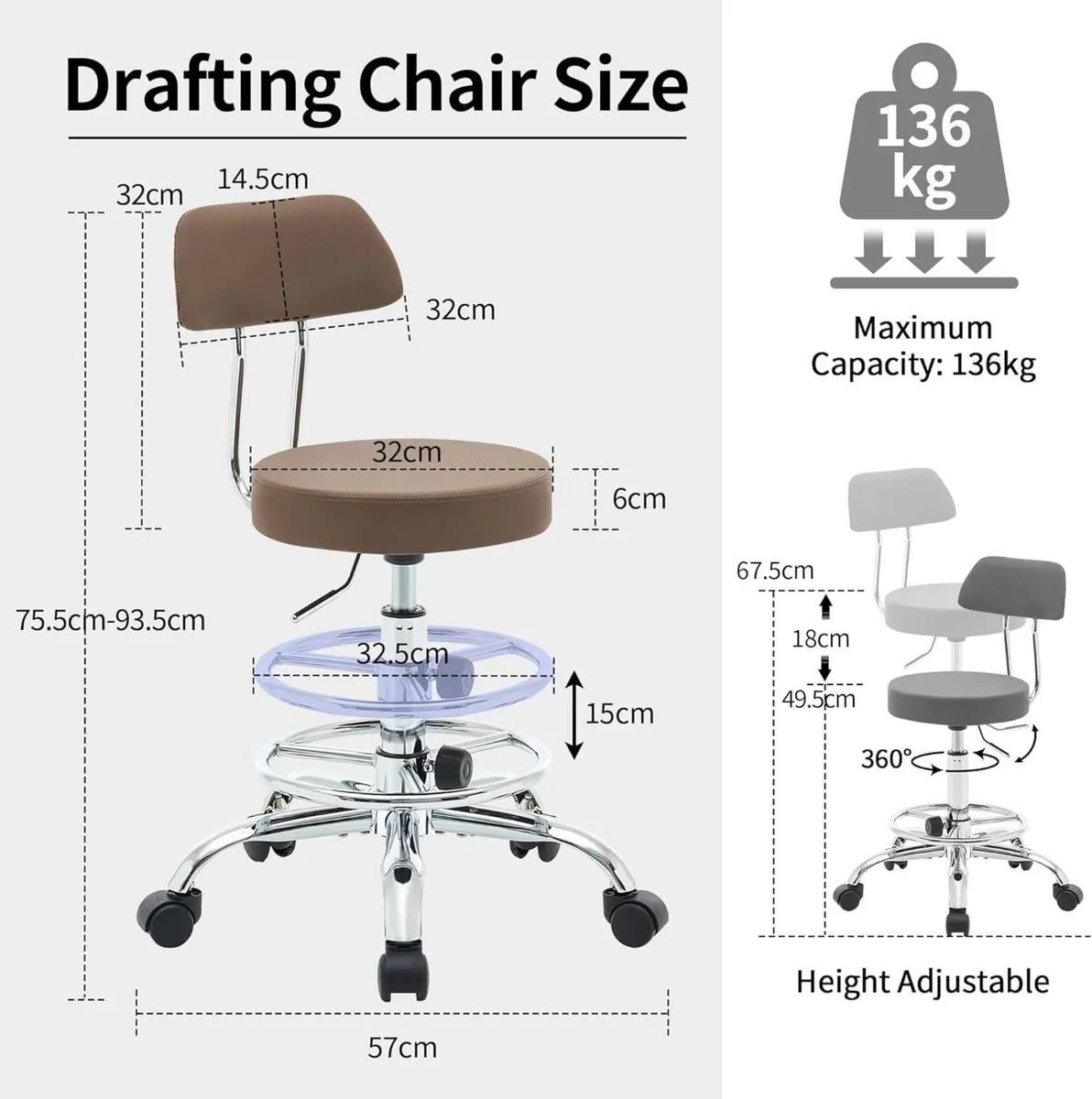 Adjustable Rolling Office Stool with Backrest and - Image 2