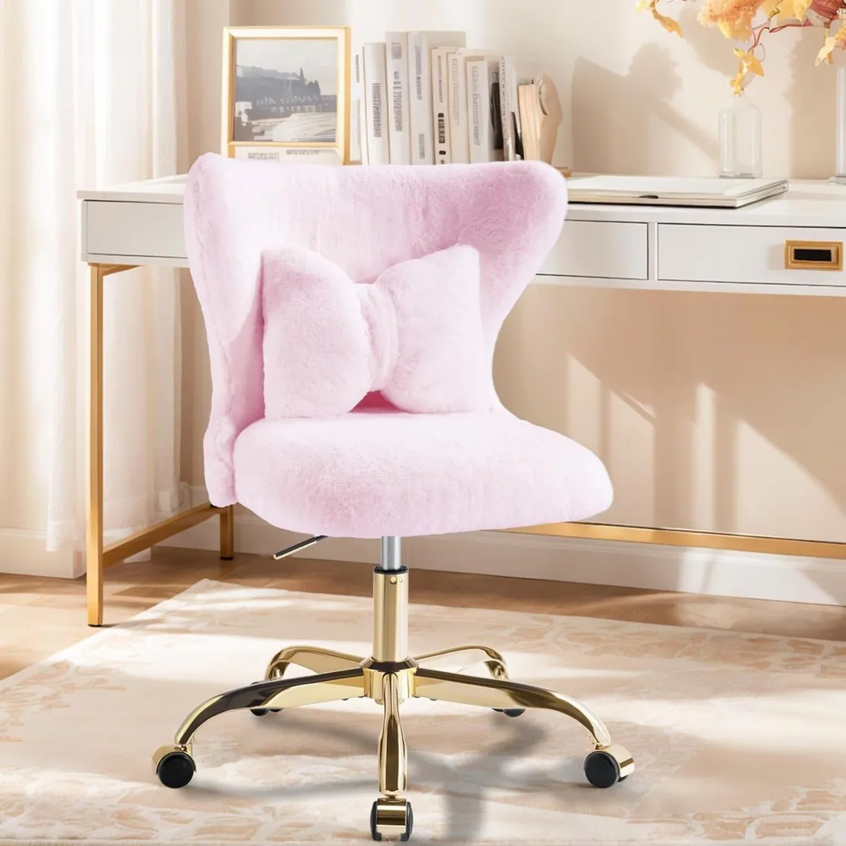 Vanity Chair with Gold Wheels Bow Pillow Fluffy - Image 2