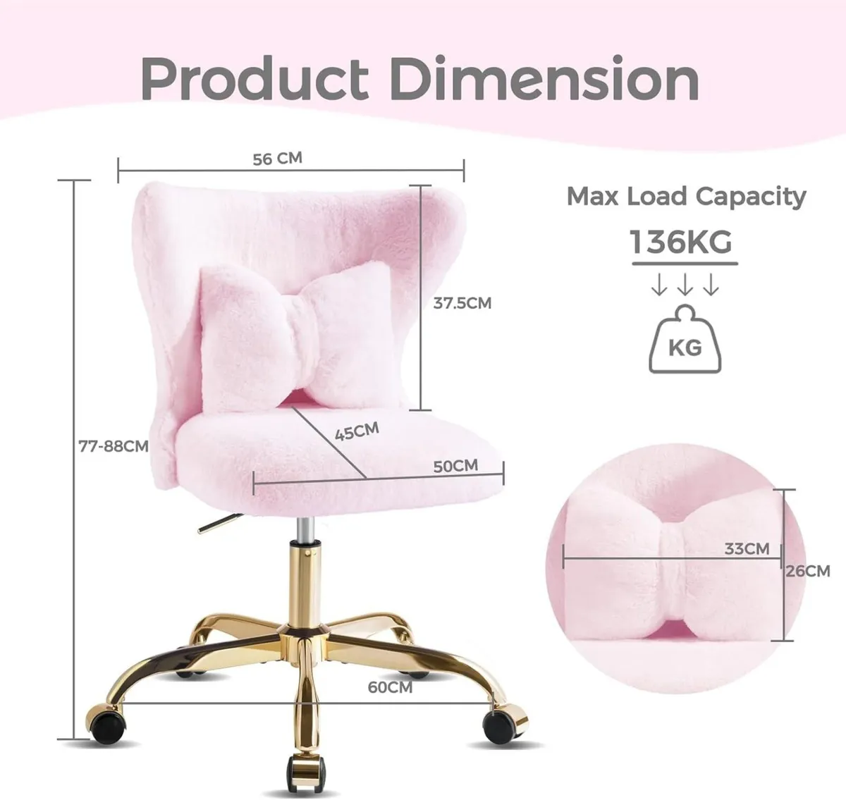 Vanity Chair with Gold Wheels Bow Pillow Fluffy - Image 3