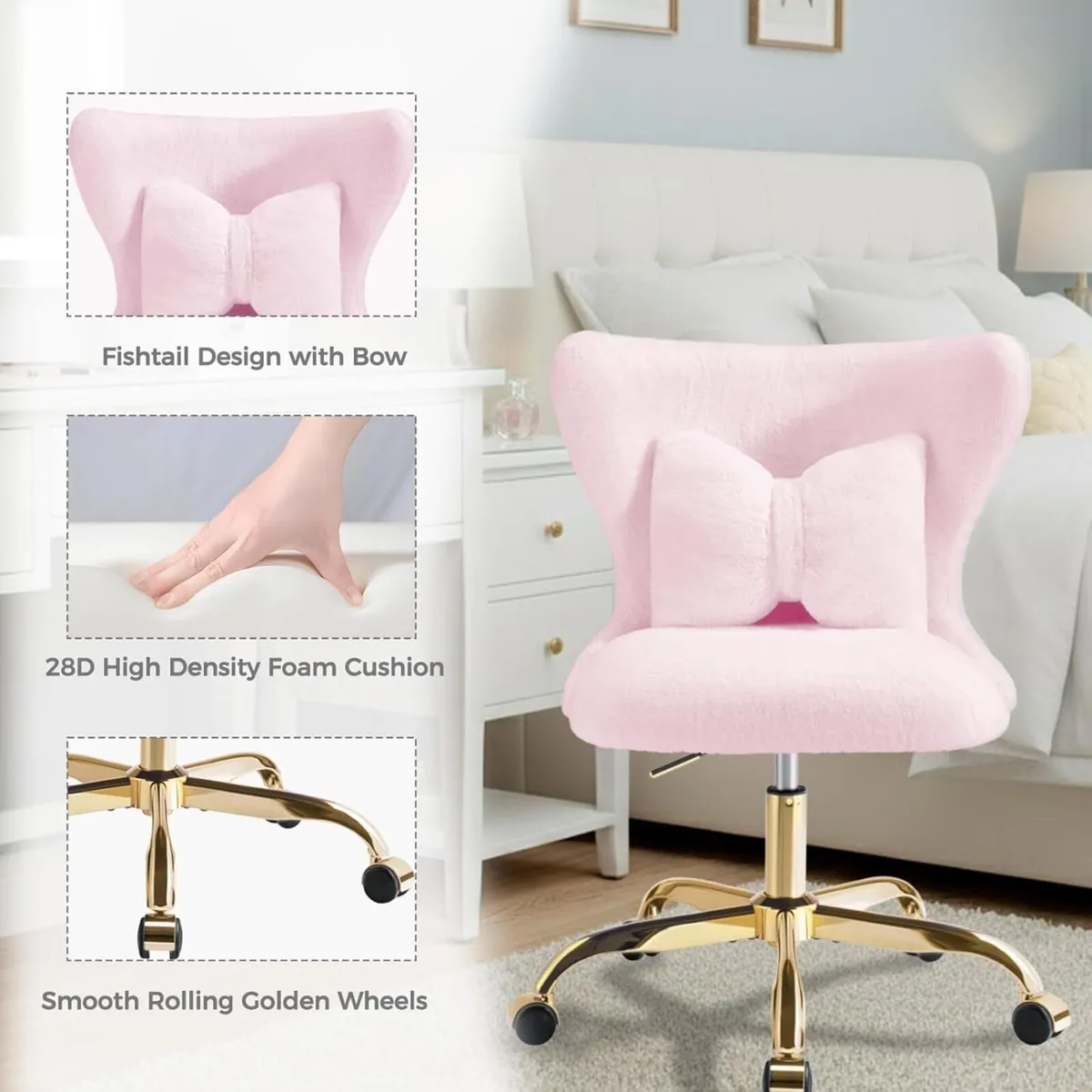 Vanity Chair with Gold Wheels Bow Pillow Fluffy - Image 4