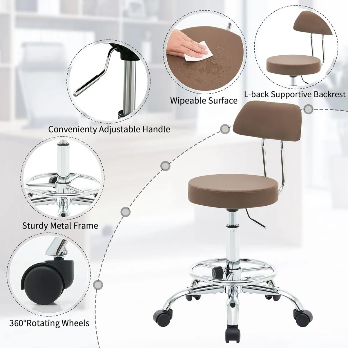Adjustable Rolling Office Stool with Backrest and - Image 4