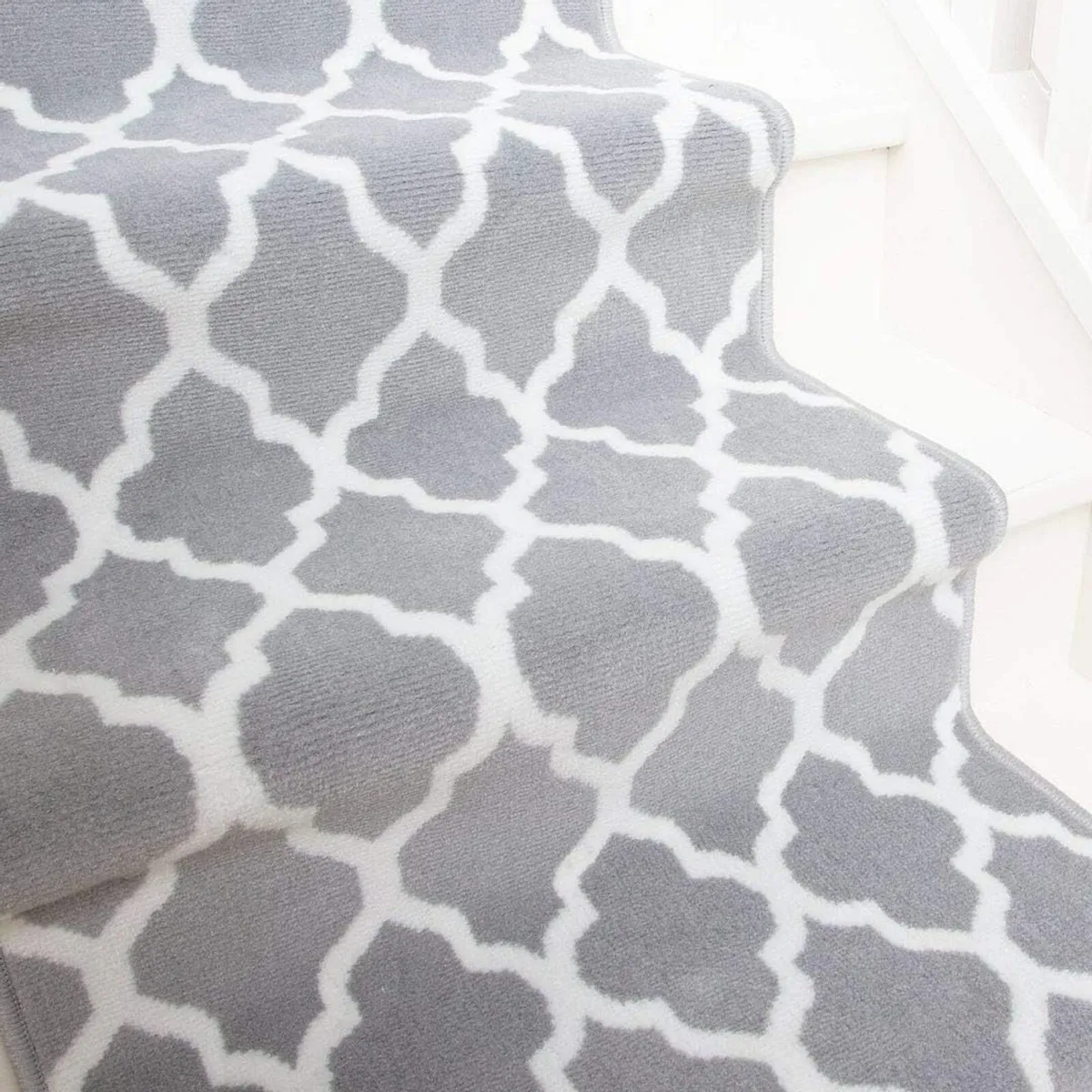 Modern Grey Geometric Trellis Stair Carpet Cream - Image 3