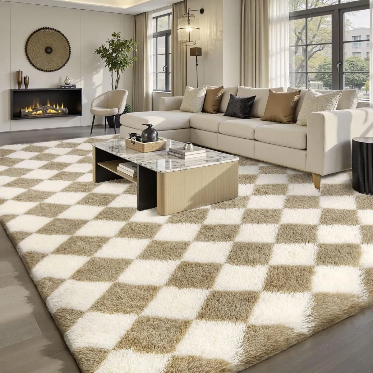 Checkered Rug Living Room 240x300cm Beige and - Image 1