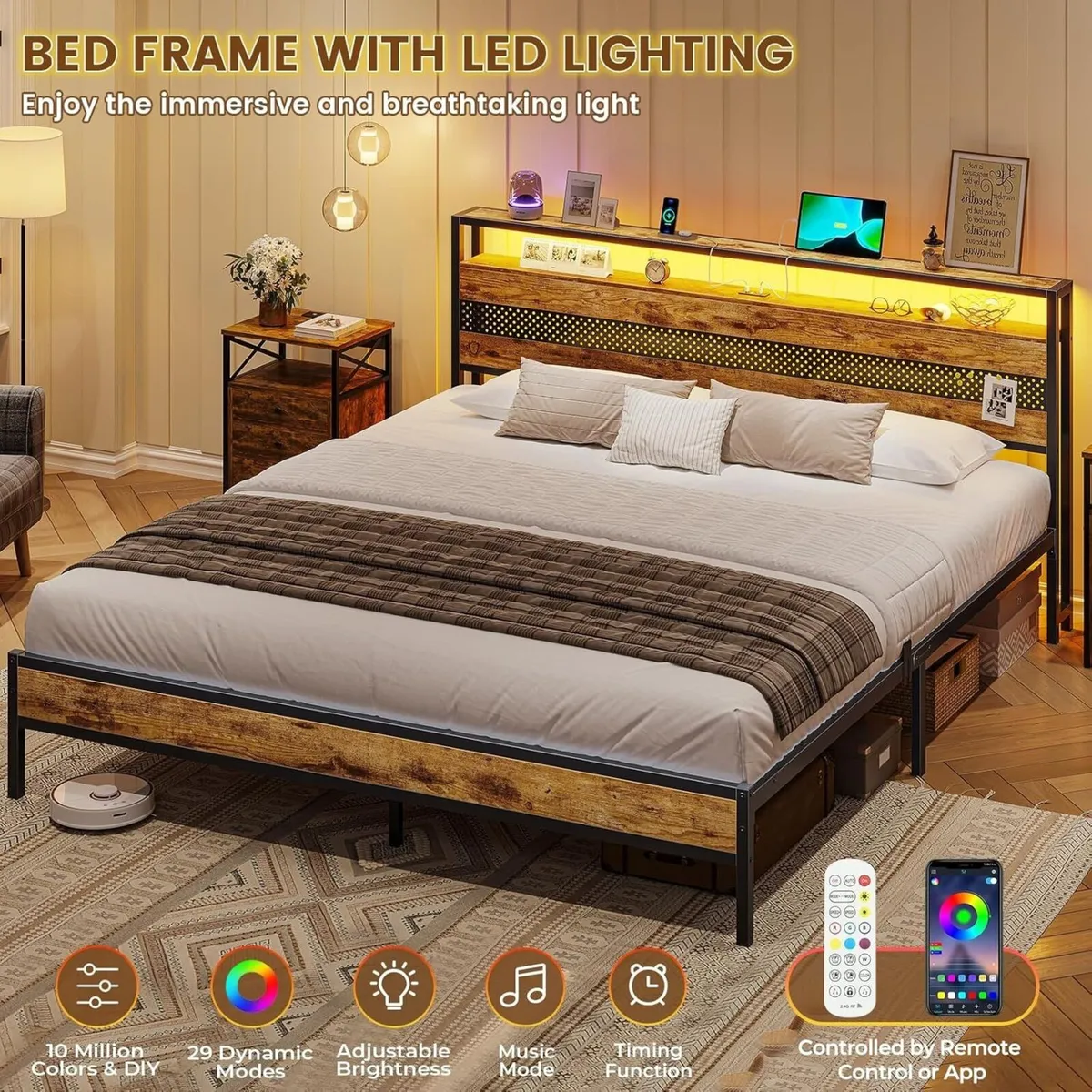 5ft Metal Bed Frame with Wooden Headboard King - Image 3