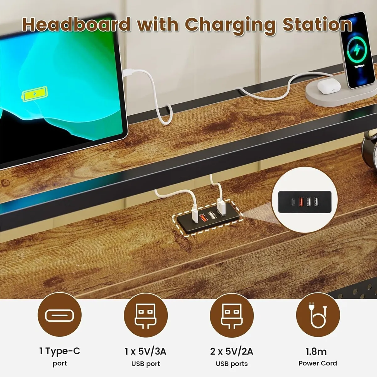 5ft Metal Bed Frame with Wooden Headboard King - Image 4