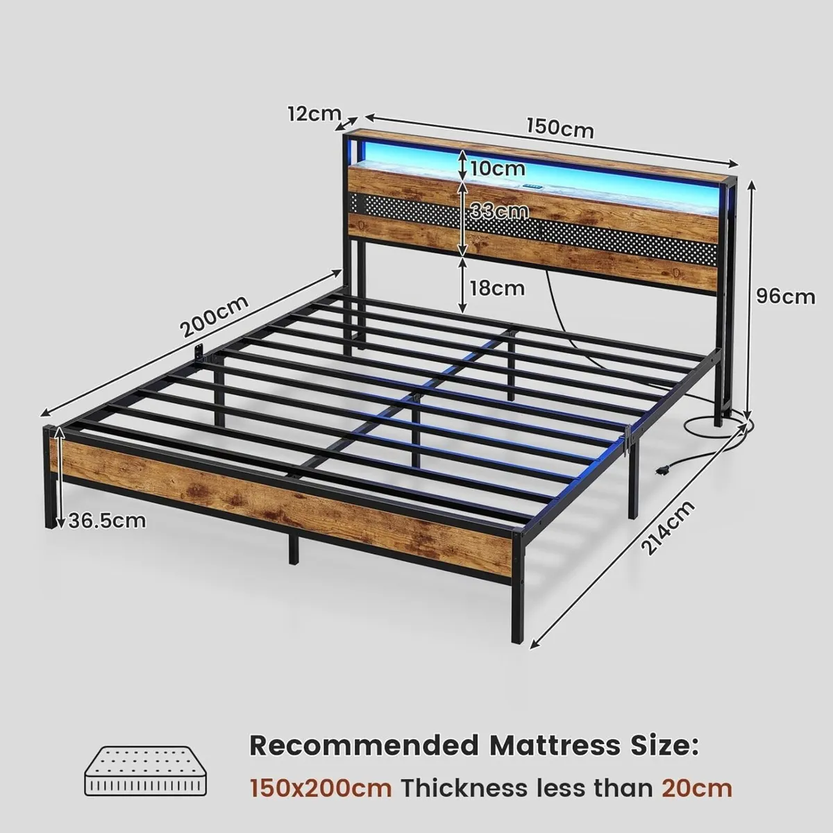 5ft Metal Bed Frame with Wooden Headboard King - Image 2