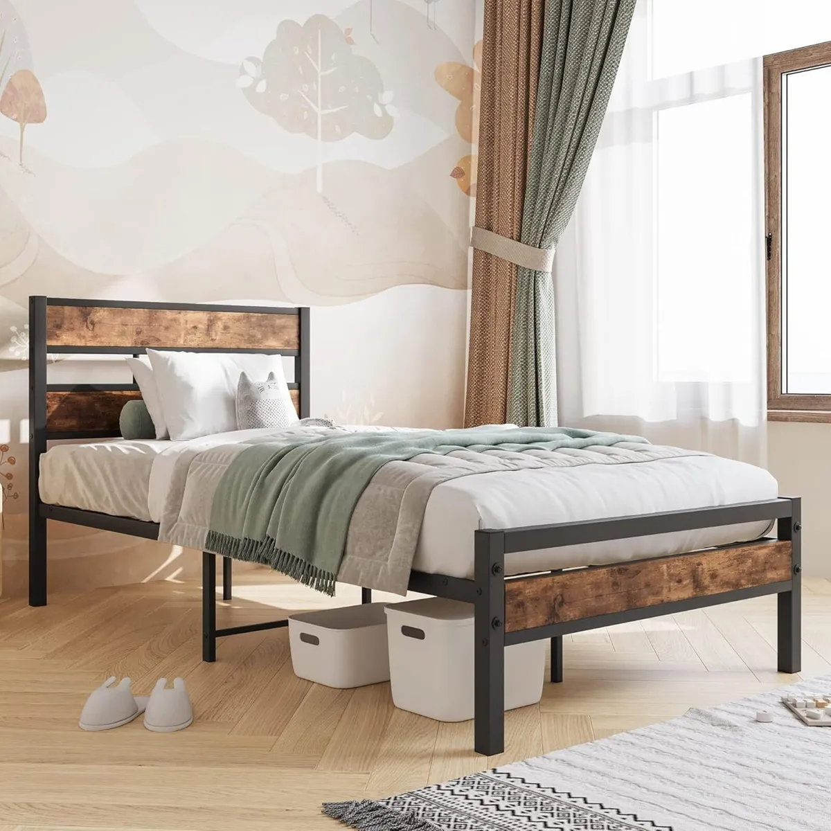 Single Bed Frame with Storage Metal Beds Solid - Image 3