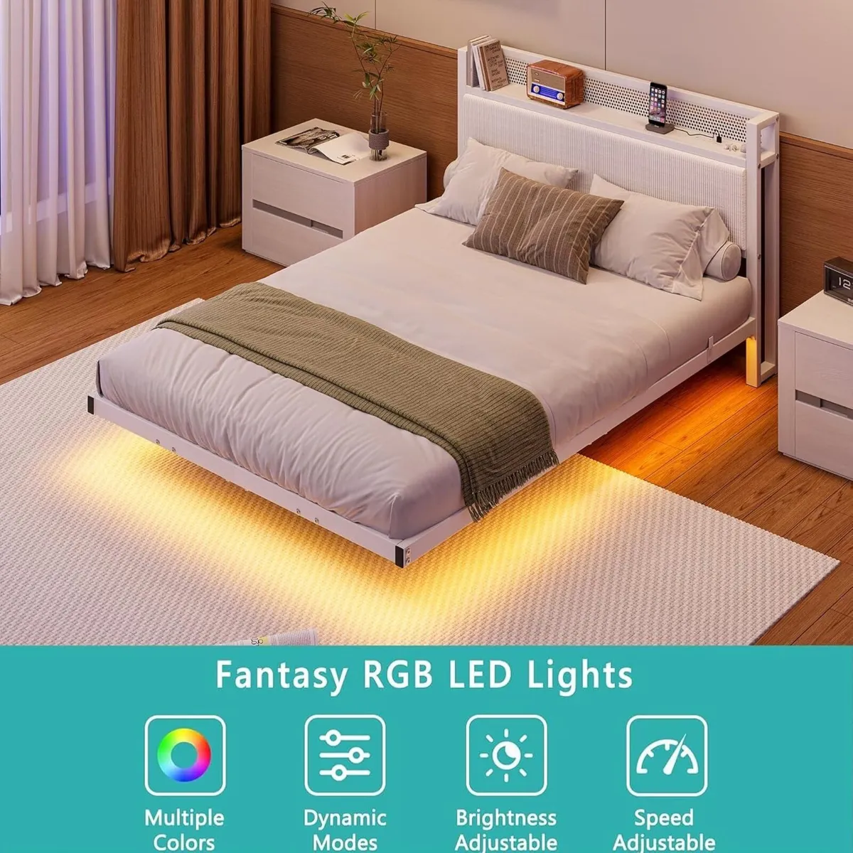 Floating Double Metal Bed Frame with LED Lights - Image 4