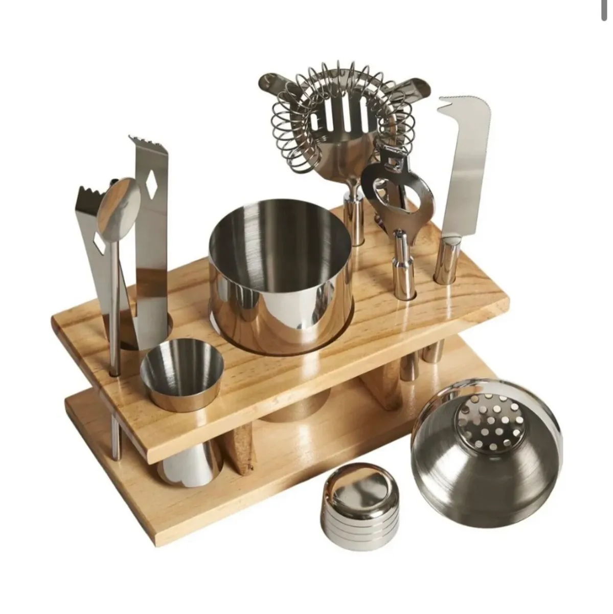 NEW 10 Piece Cocktail Maker Set with Wooden Stand - Image 1