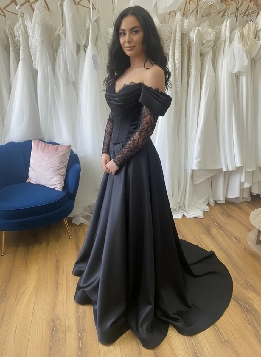 Black Satin A-Line Formal Dress-Wedding Dress - Image 4